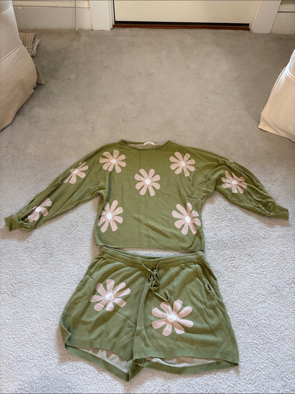 Women's Olive Green Daisy Knit Pajama Set - Short Sleeve Lounge Two-Piece